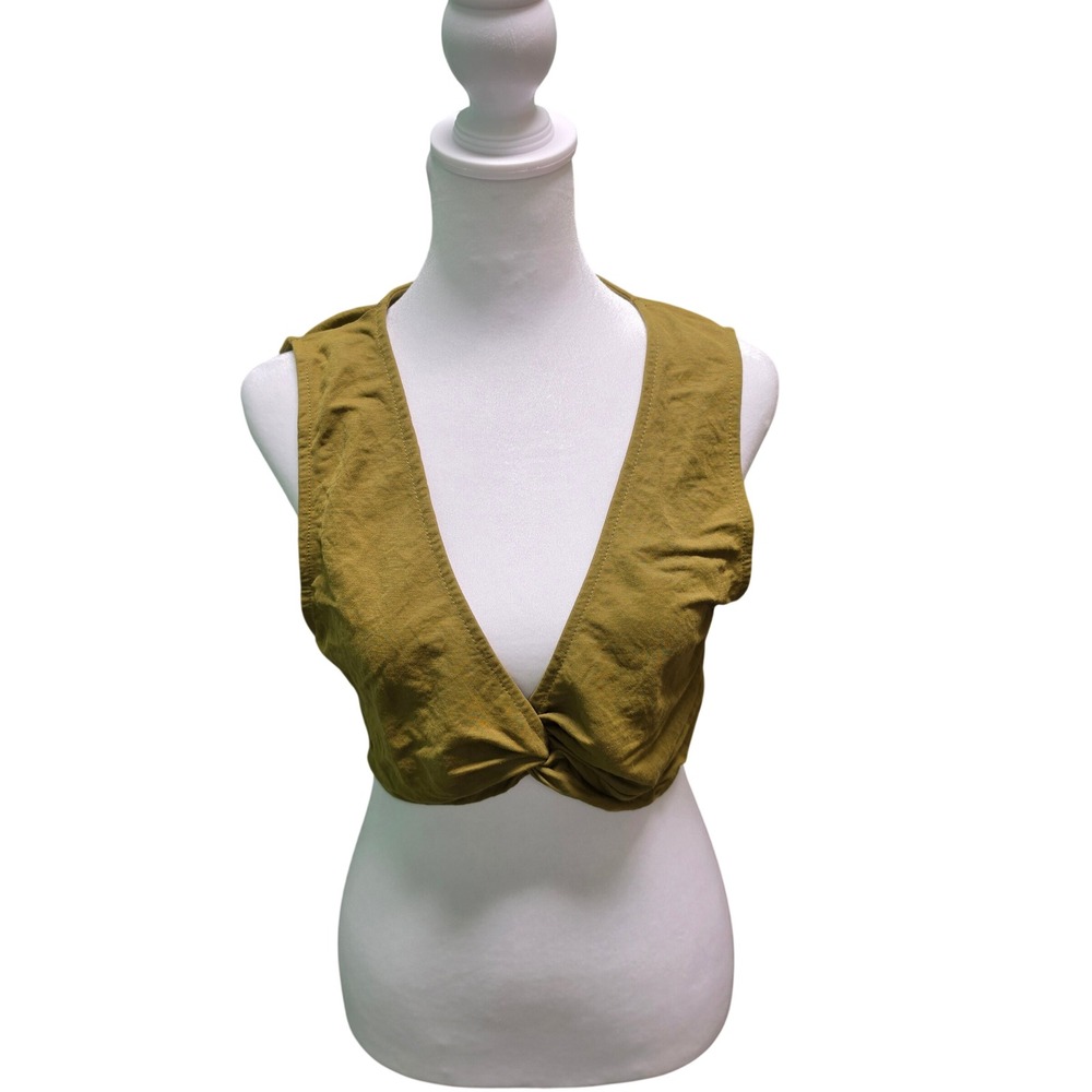 Zara Womens Mustard Yellow Twist Front Deep V-Neck Sleeveless Crop Top Medium
